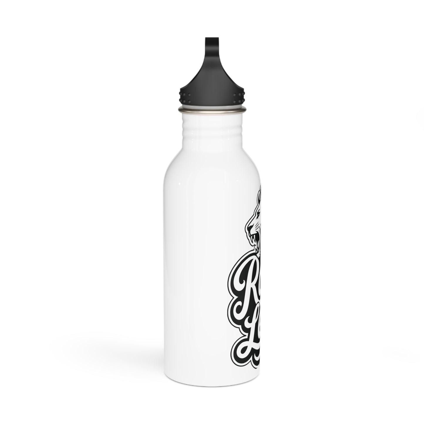 White water bottle with black lid and graphic of a roaring lion head.