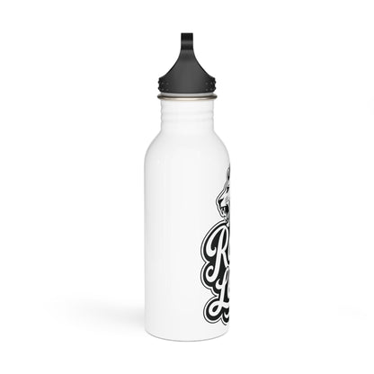 White water bottle with black lid and graphic of a roaring lion head.