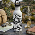 White water bottle with "Stay Hungry" and paw print graphic.