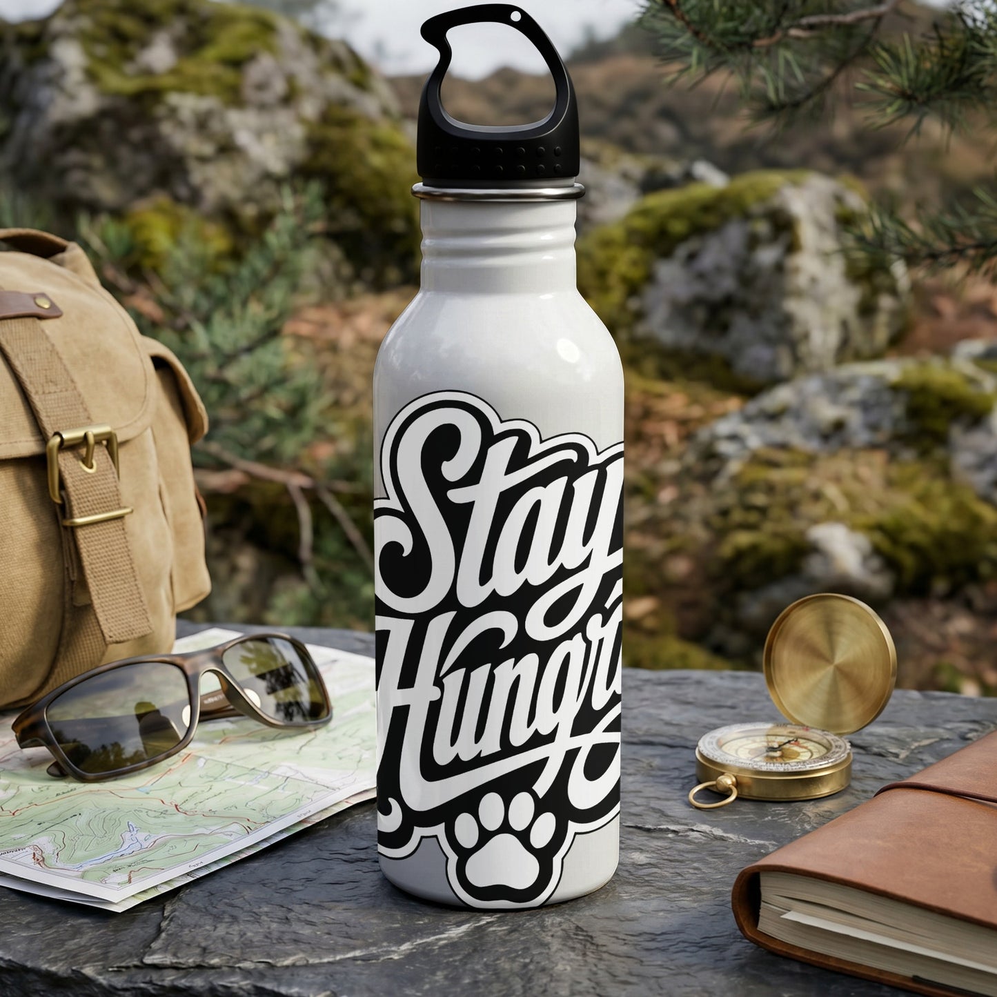 White water bottle with "Stay Hungry" and paw print graphic.