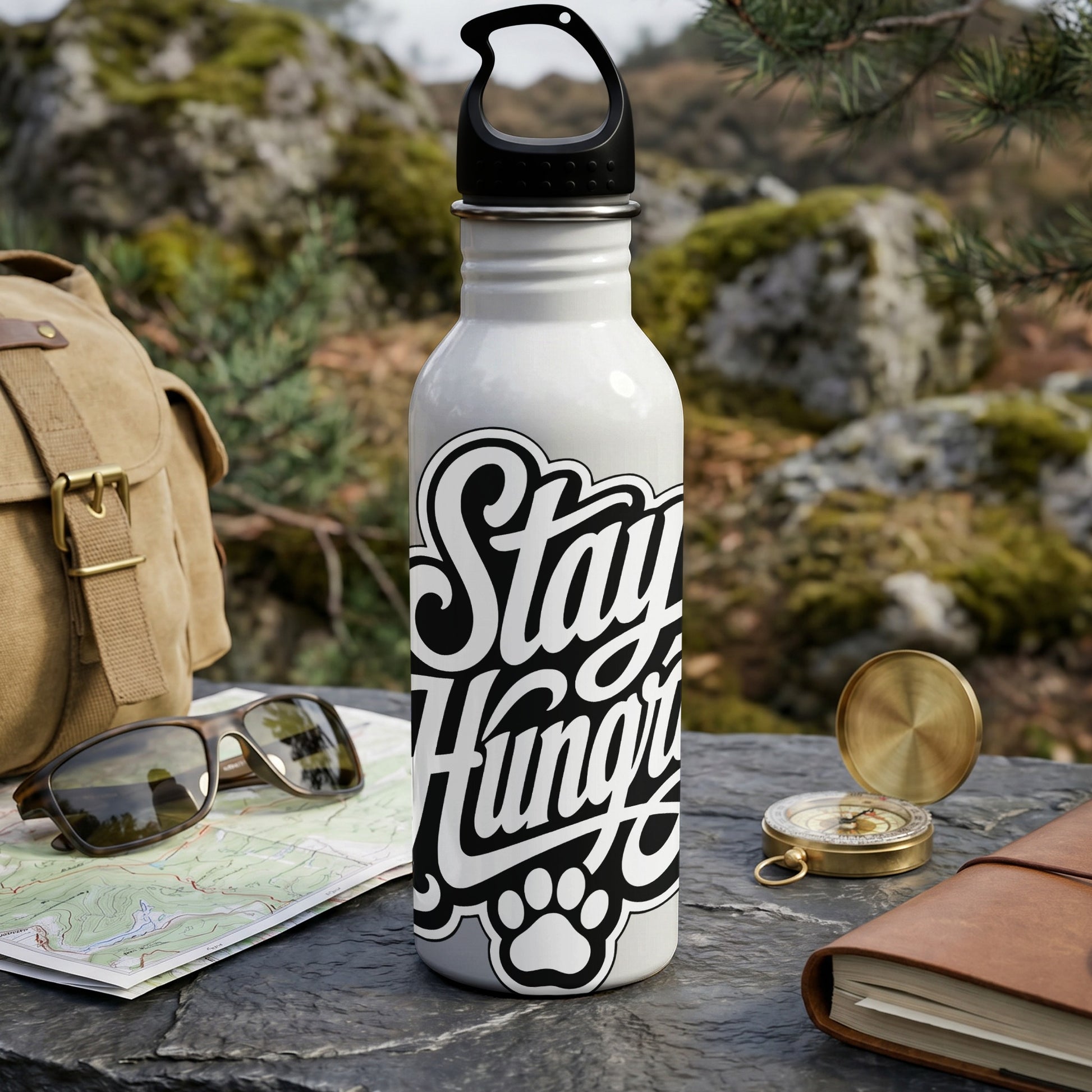 White water bottle with "Stay Hungry" and paw print graphic.