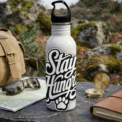 White water bottle with "Stay Hungry" and paw print graphic.