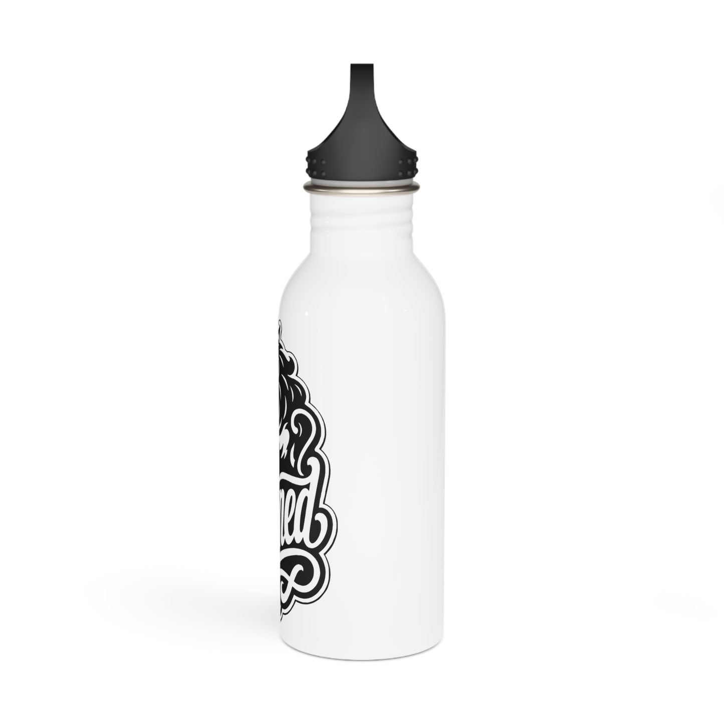 White water bottle with black lid and black "Blessed" text design.