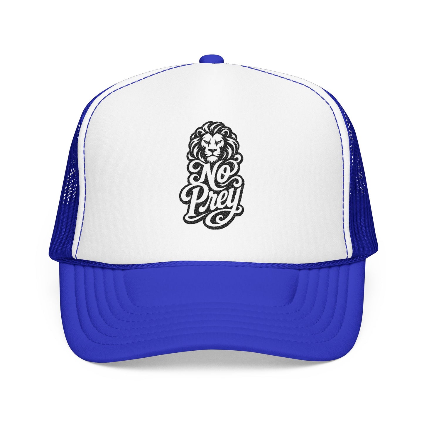 White trucker hat with blue mesh and bill, featuring a lion graphic and "No Prey" text.