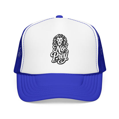 White trucker hat with blue mesh and bill, featuring a lion graphic and "No Prey" text.