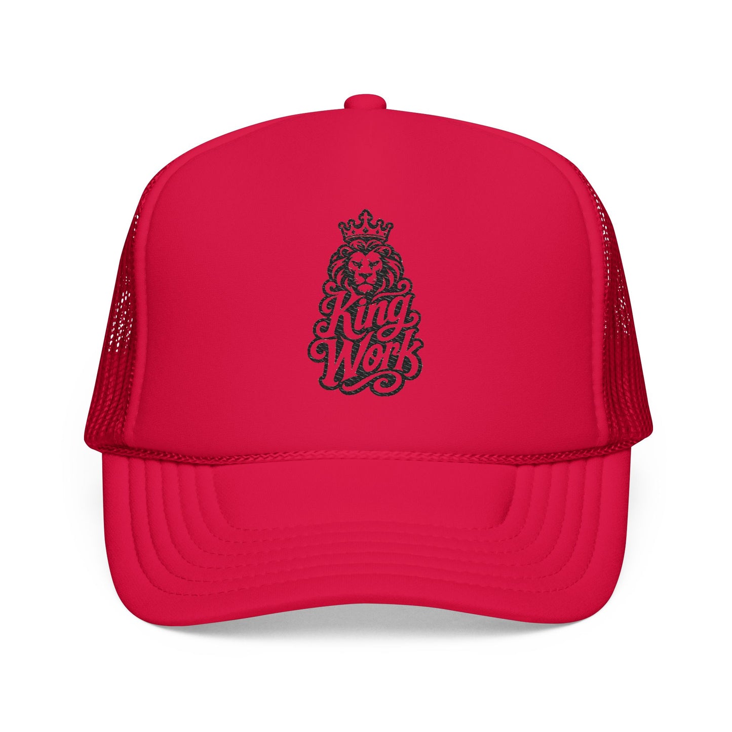Red trucker hat with embroidered crown, lion, and "King Work" text.
