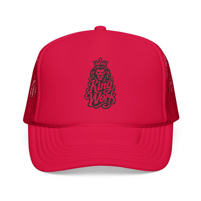 Red trucker hat with embroidered crown, lion, and "King Work" text.