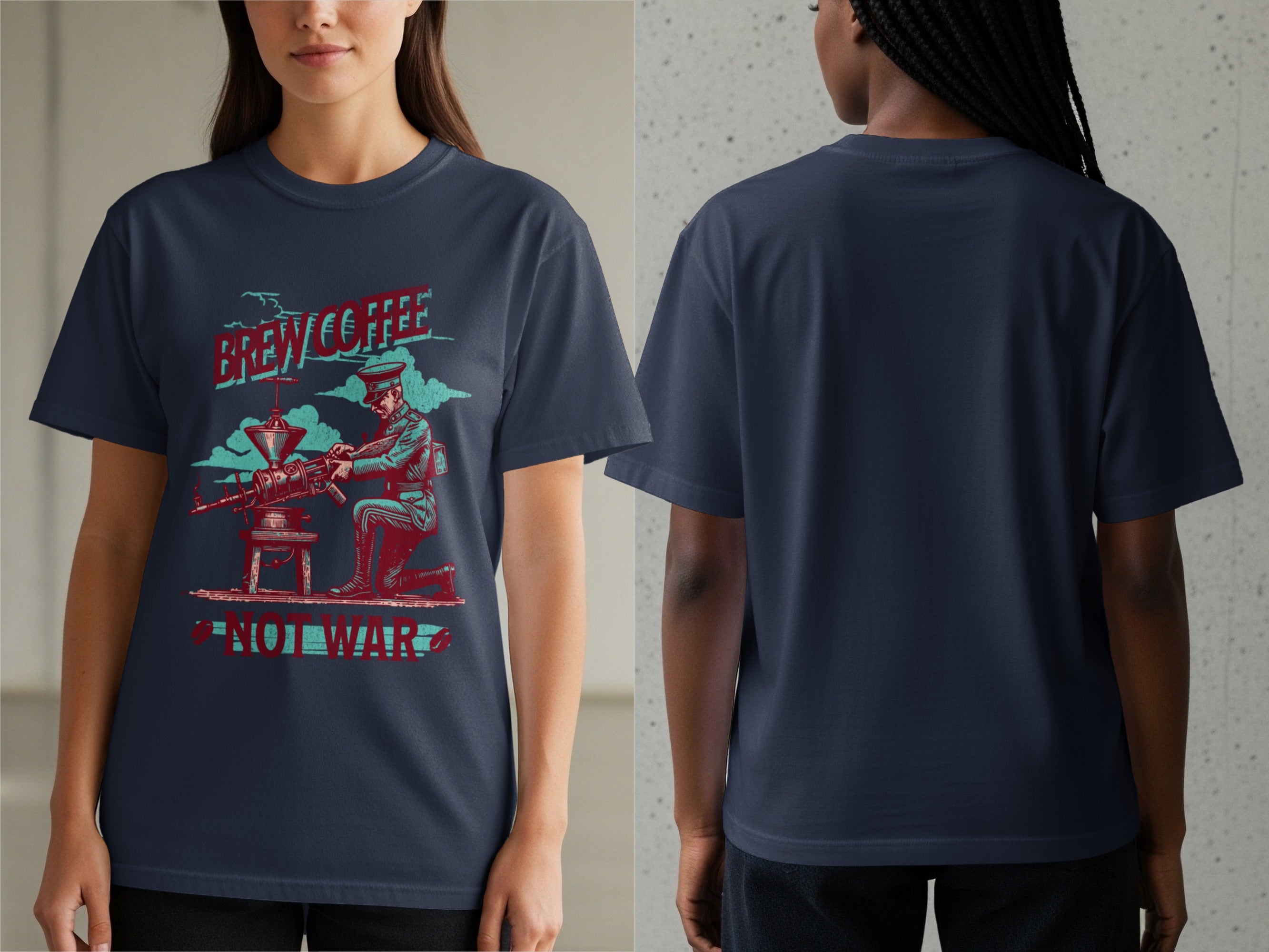 Navy t-shirt with a graphic of a soldier operating a coffee grinder and text "Brew Coffee Not War".