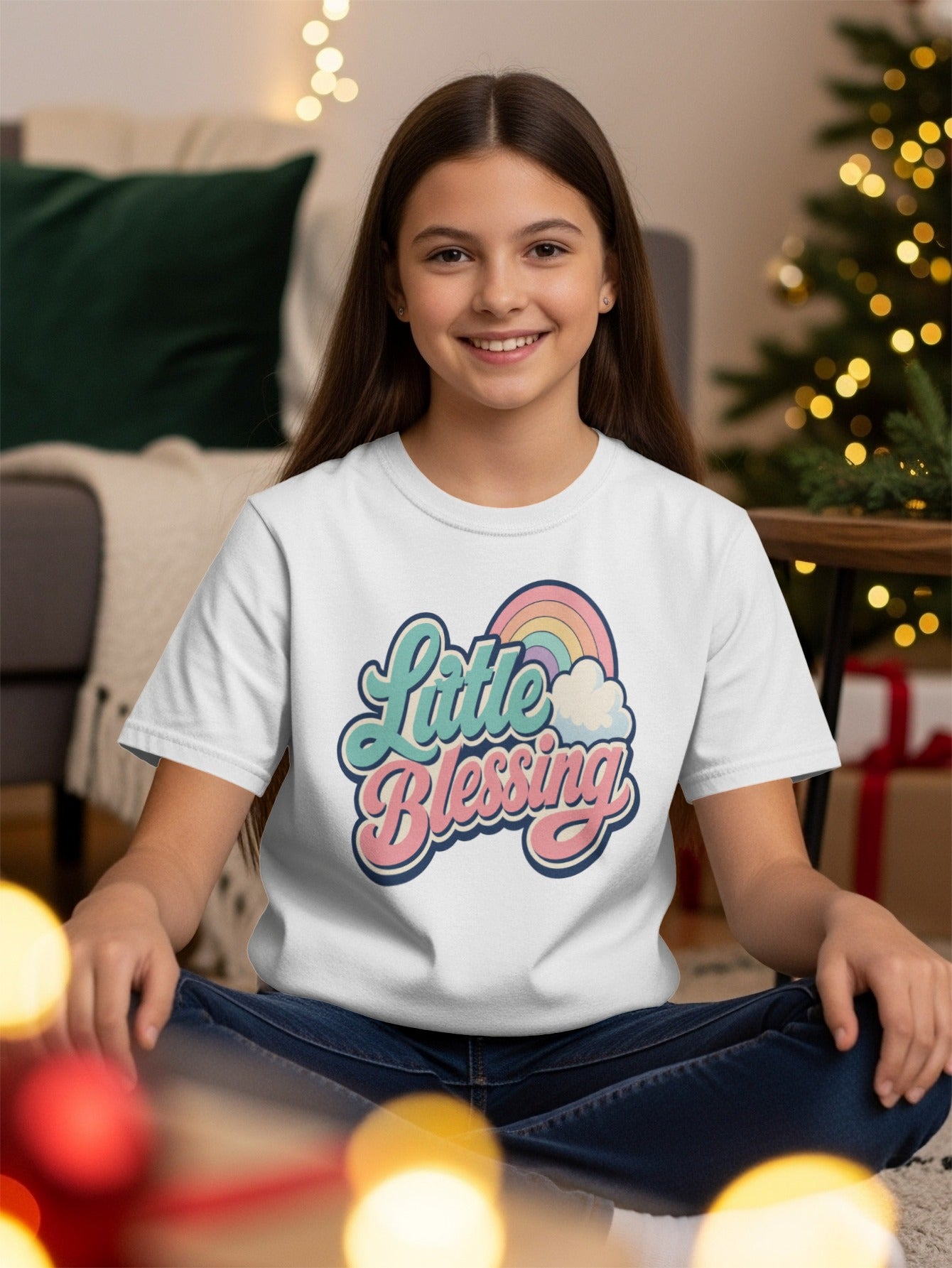White t-shirt with "Little Blessing" text, rainbow, and clouds graphic.