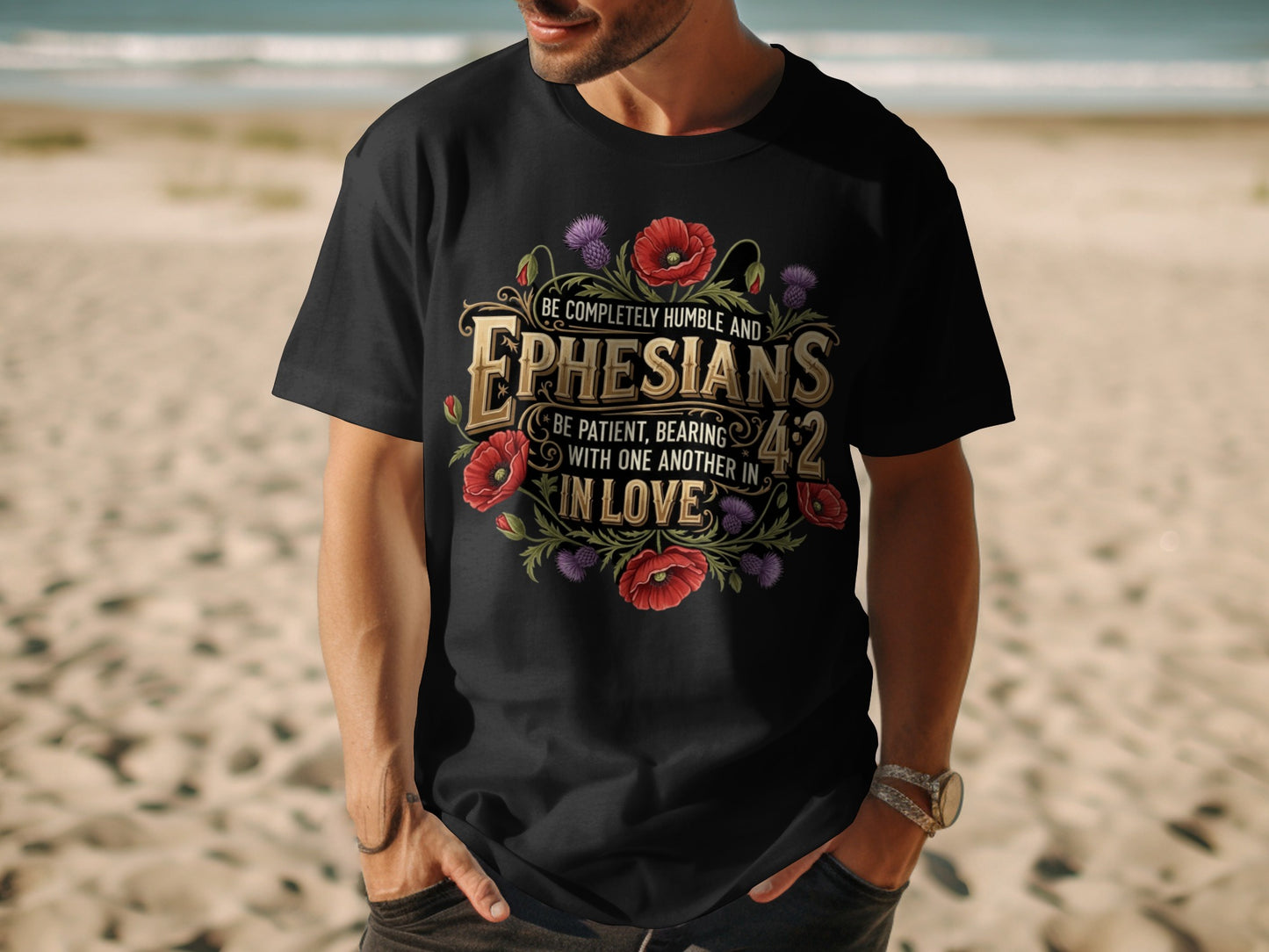 Black t-shirt with Ephesians 4:2 Bible verse and floral design.