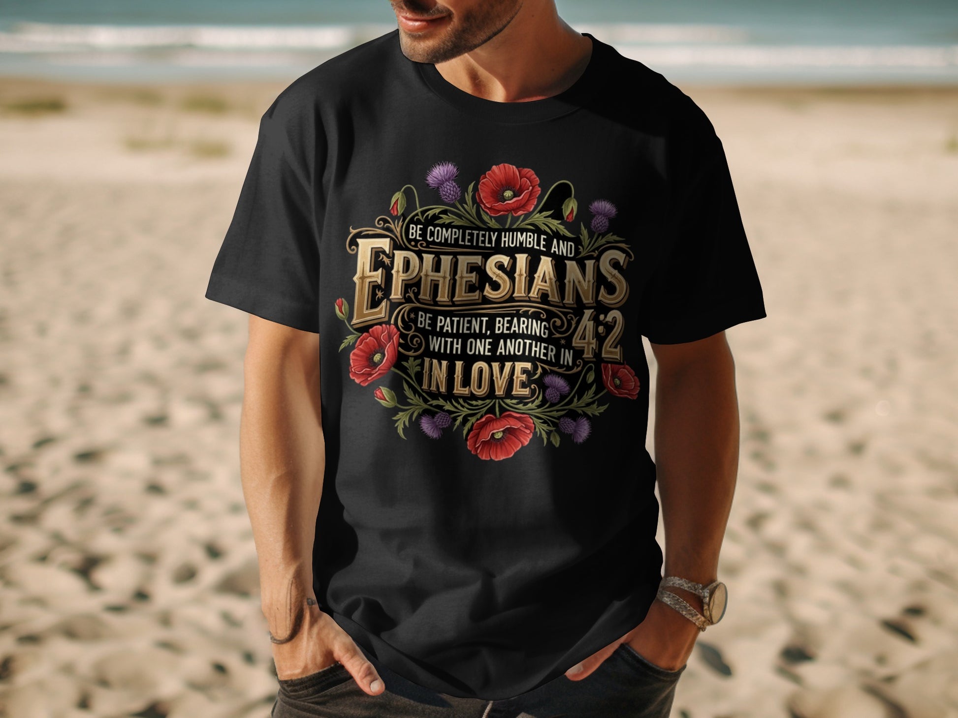 Black t-shirt with Ephesians 4:2 Bible verse and floral design.