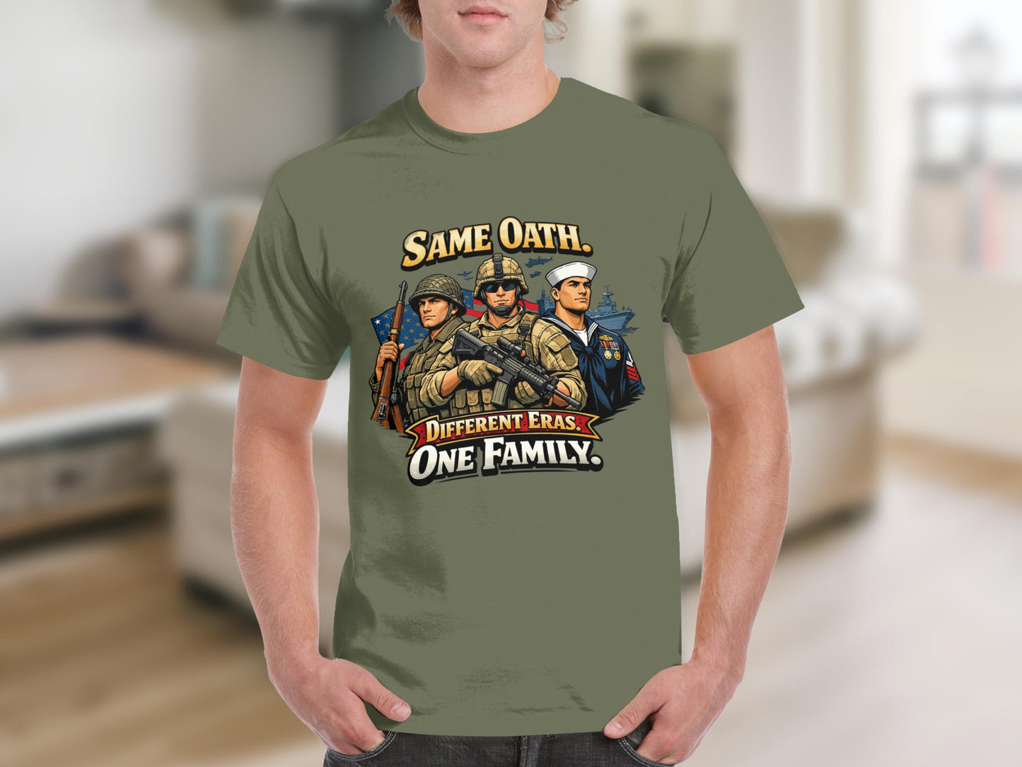 Olive green t-shirt with soldiers and sailor graphic and text "Same Oath, Different Eras, One Family."