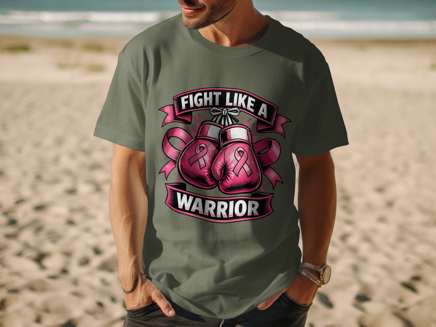 T-shirt with pink boxing gloves and ribbons that say "Fight Like a Warrior".