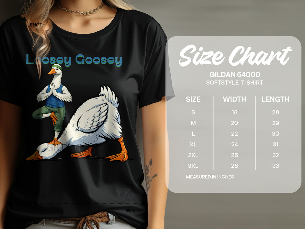Loosey Goosey t-shirt with yoga goose graphic and size chart.