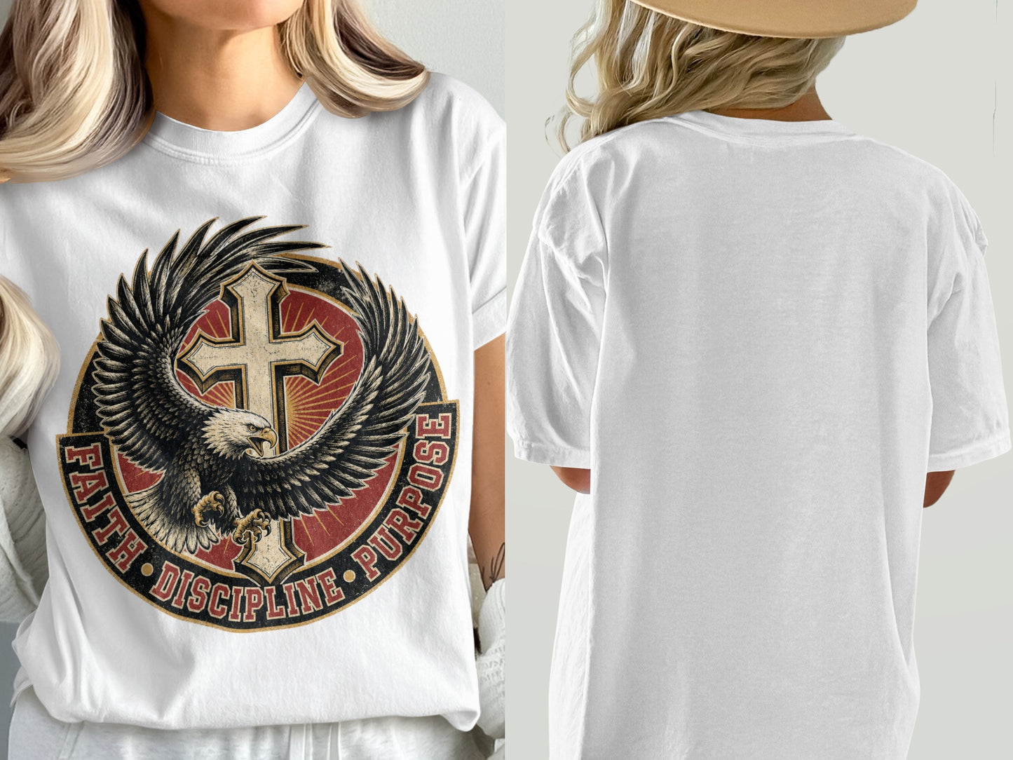 White t-shirt with eagle, cross, and text "FAITH DISCIPLINE PURPOSE".