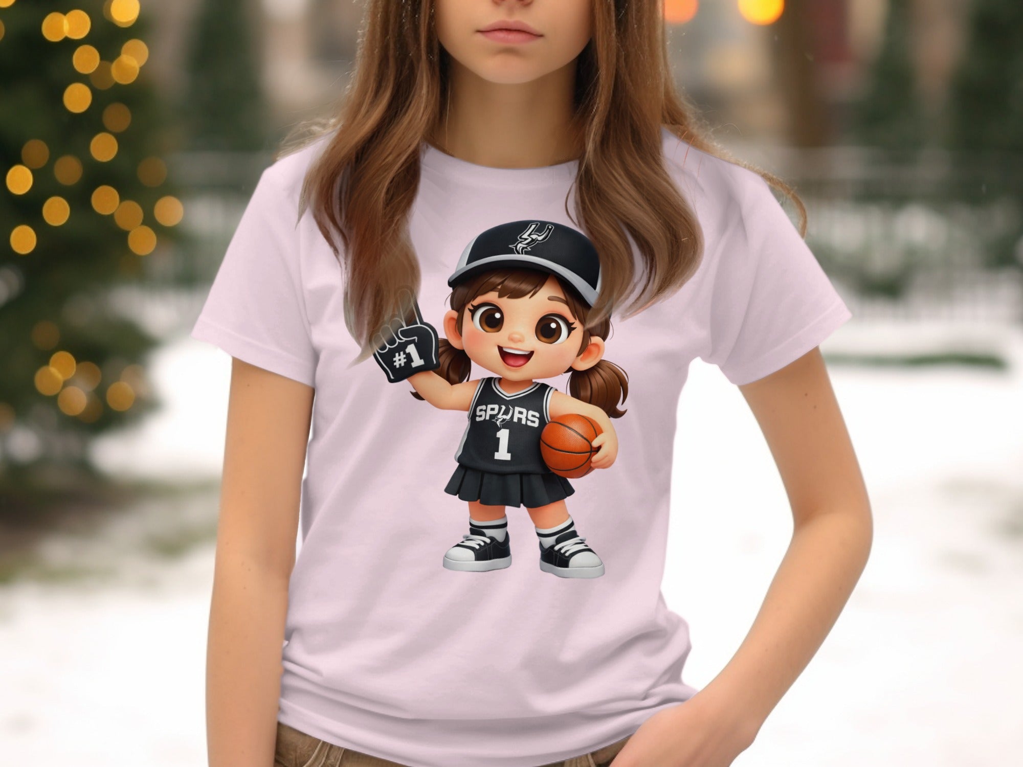 Illustration of a cartoon girl in a Spurs basketball uniform holding a ball.