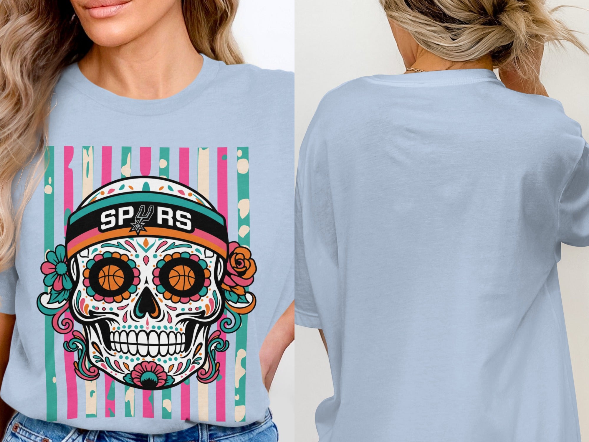 Light blue t-shirt with sugar skull graphic featuring "SPURS" and basketball eyes.
