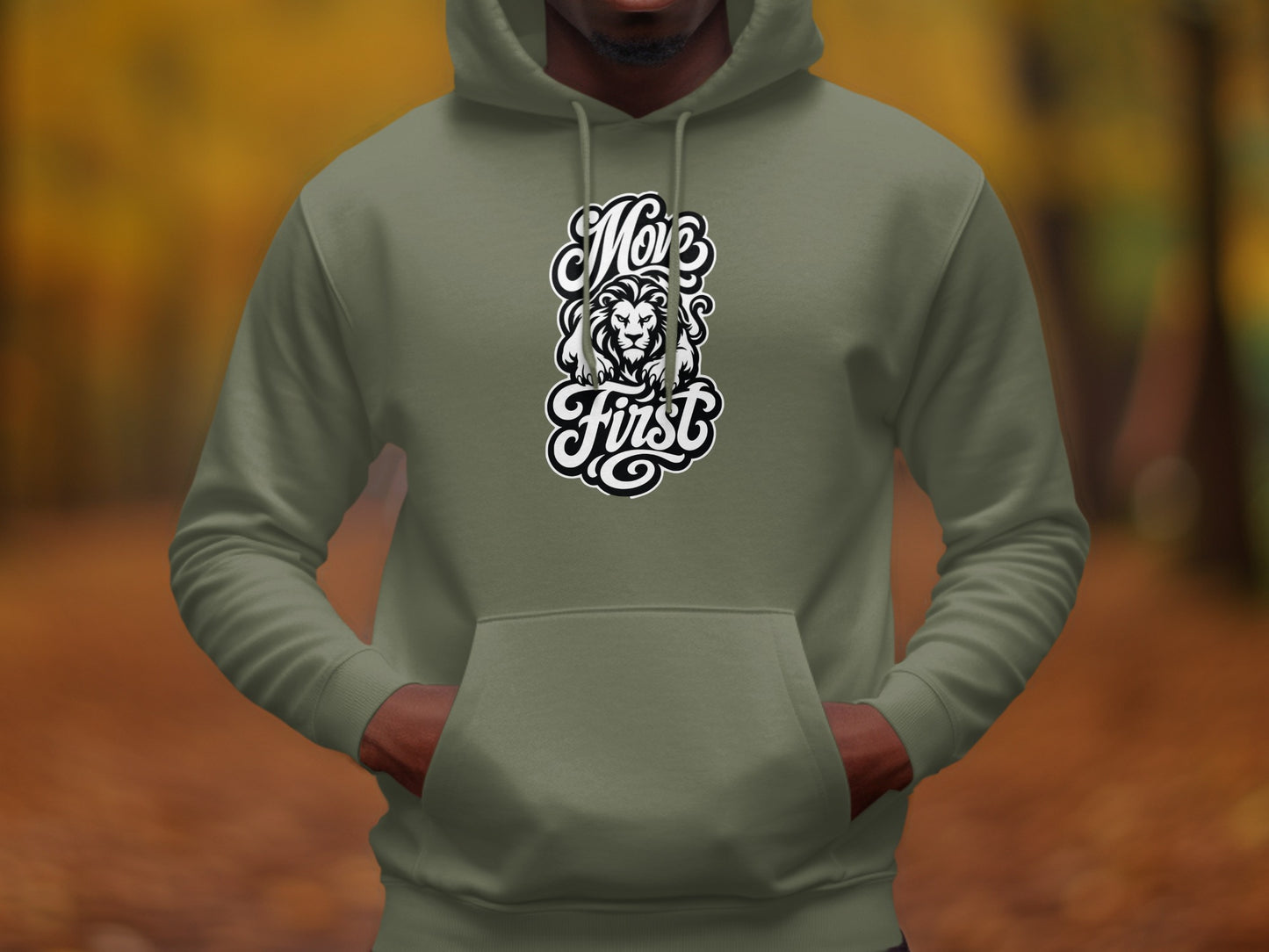 Olive green hoodie with "Move First" text and a lion graphic.
