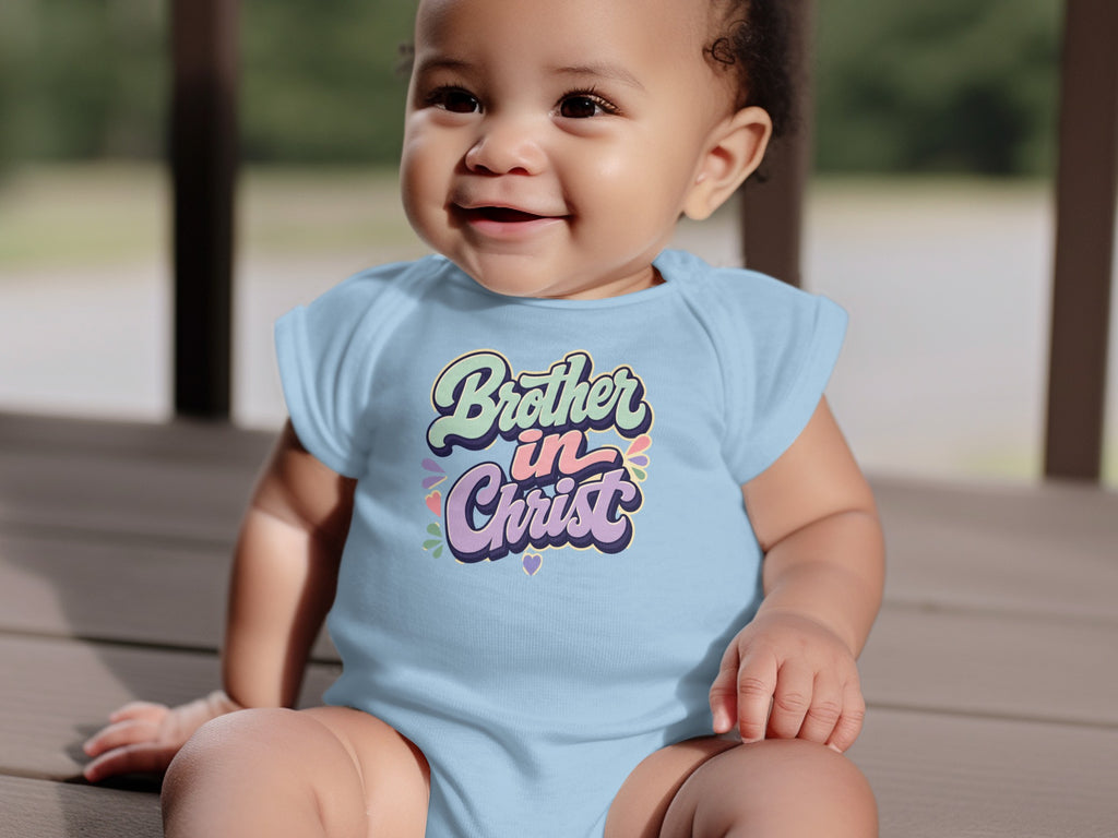 Baby wearing light blue onesie with "Brother in Christ" text.