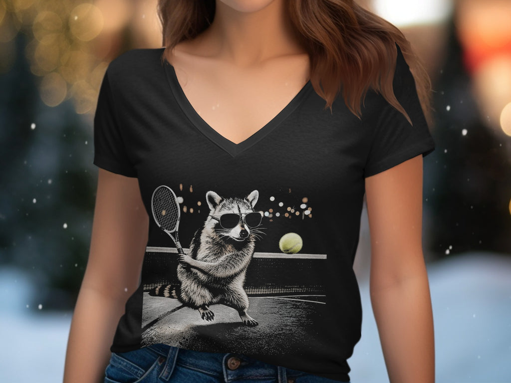 Black t-shirt with a raccoon wearing sunglasses playing tennis.