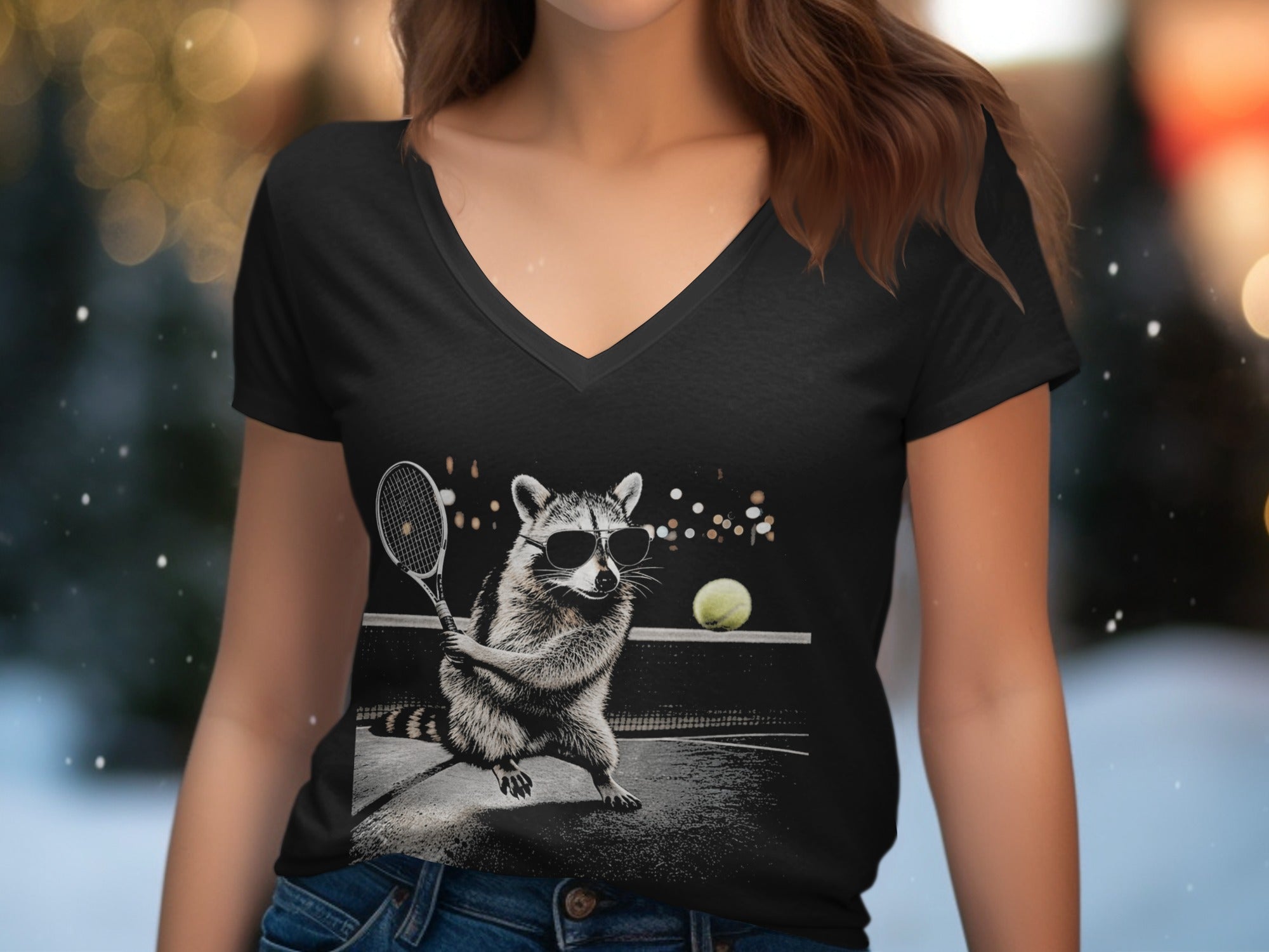 Black t-shirt with a raccoon wearing sunglasses playing tennis.