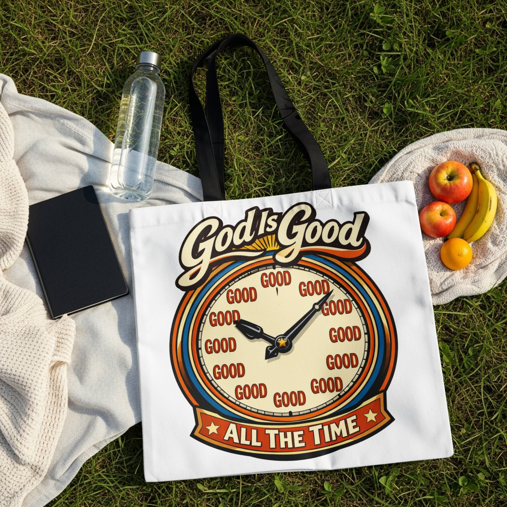 White tote bag with a clock design that reads "God is Good All the Time".