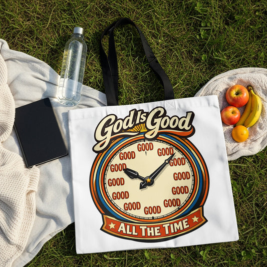 White tote bag with a clock design that reads "God is Good All the Time".