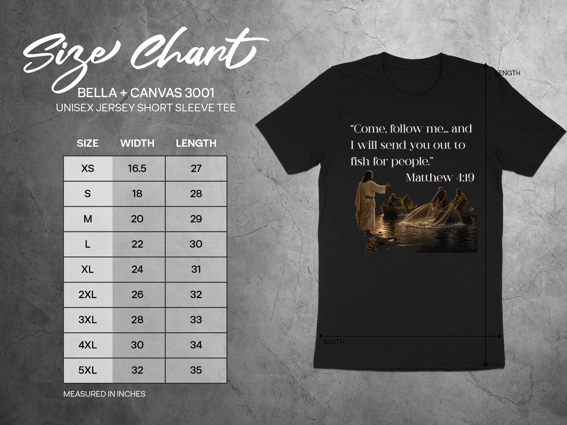 Size chart for Bella + Canvas 3001 unisex jersey short sleeve tee with biblical quote.