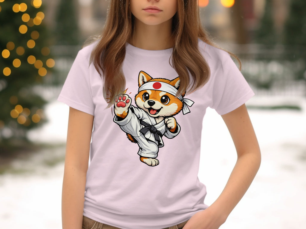 Cartoon corgi dog in karate gi and headband performing a kick.