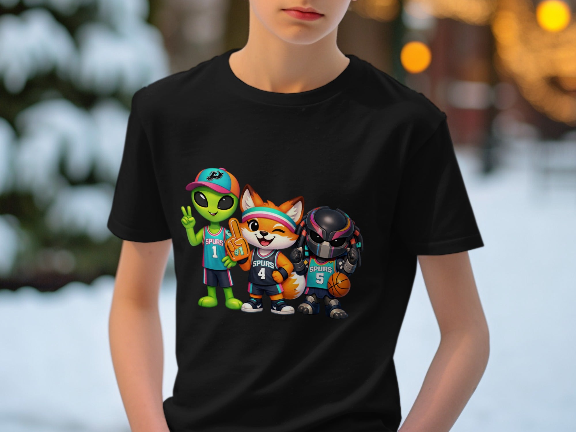 Spurs alien, fox, and robot characters in basketball uniforms on a black t-shirt.