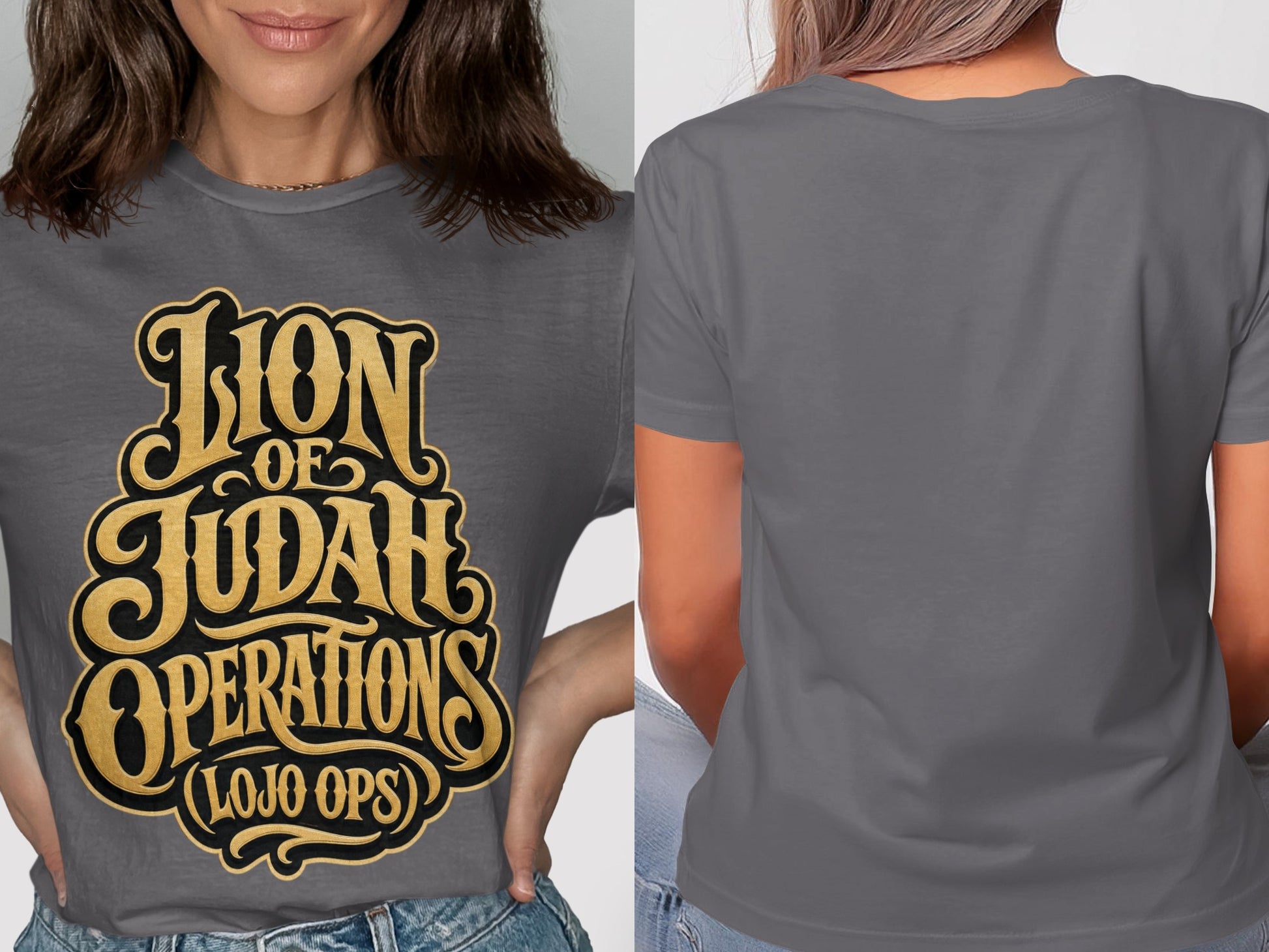 Gray t-shirt with gold and black "LION OF JUDAH OPERATIONS (LOJO OPS)" text design.
