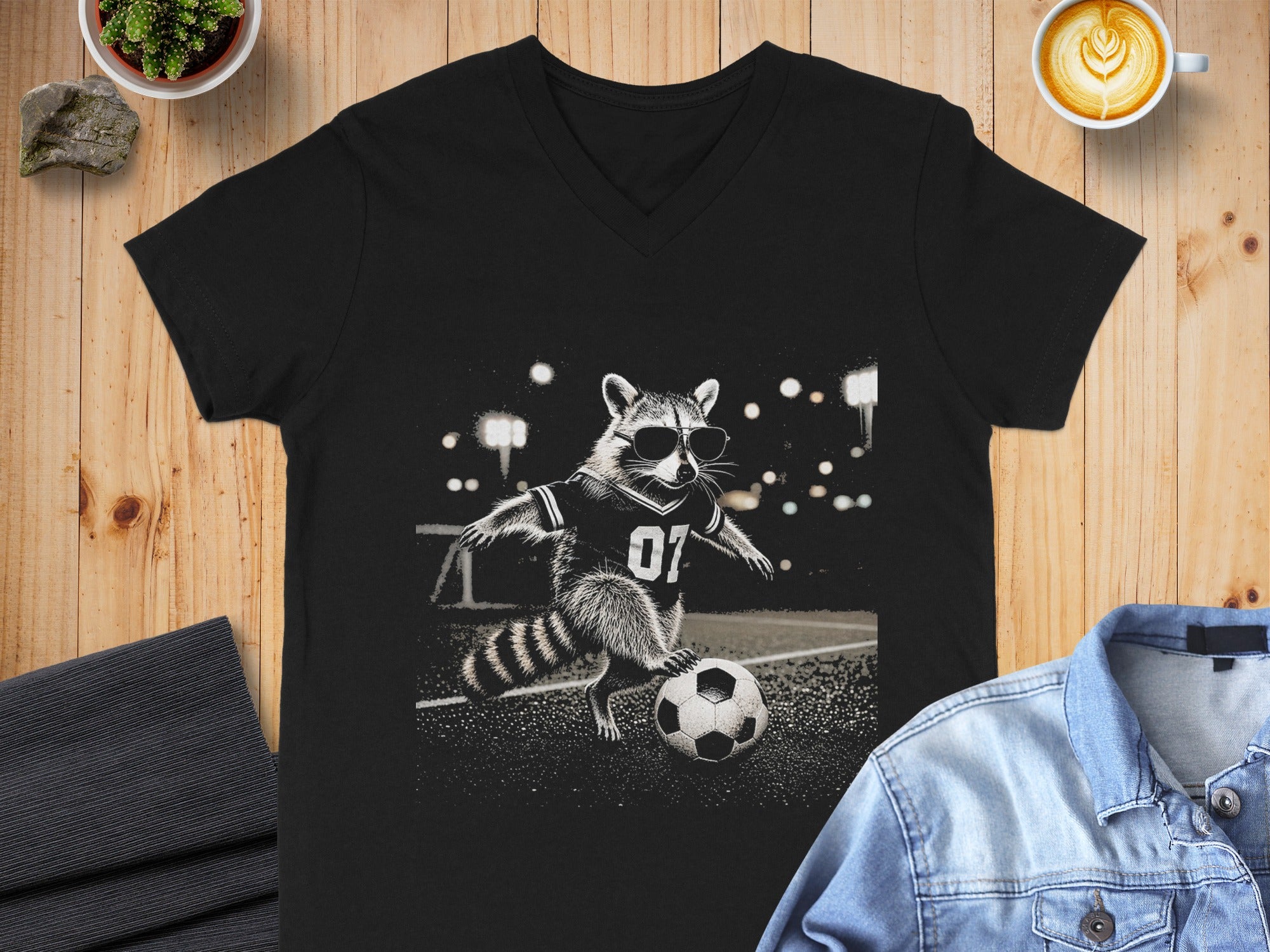 Black t-shirt with a raccoon playing soccer graphic and the number 07.
