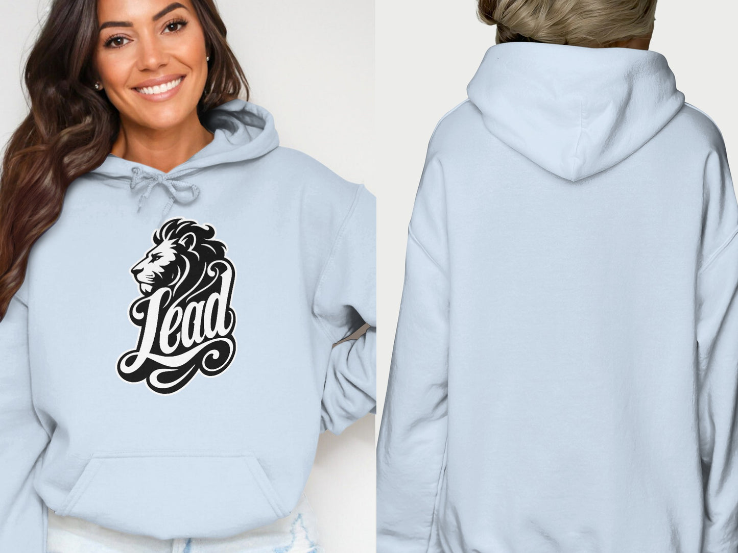 Light blue hoodie with a lion graphic and the text "Lead."