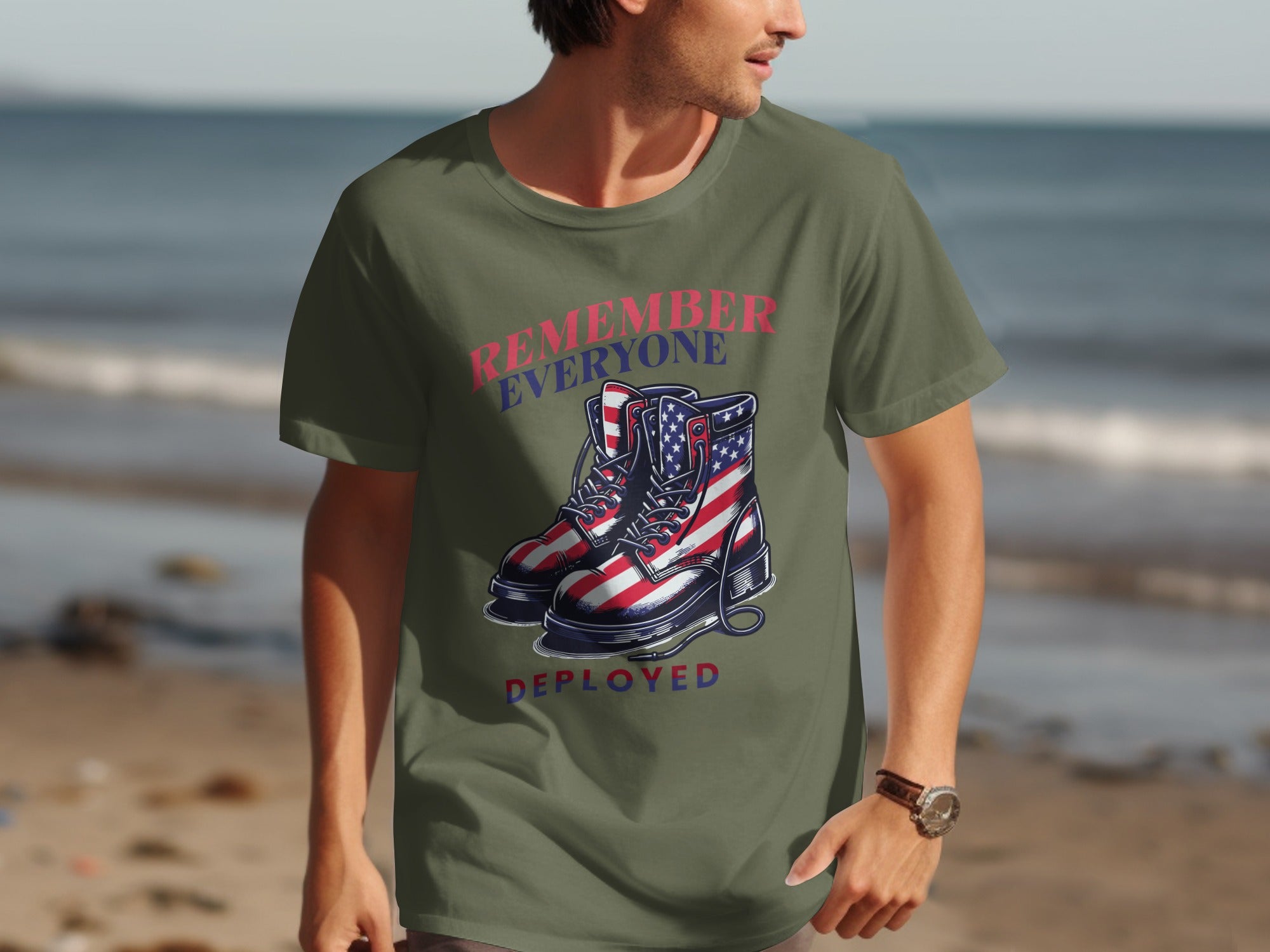 T-shirt with American flag boots, text reads "Remember Everyone Deployed."