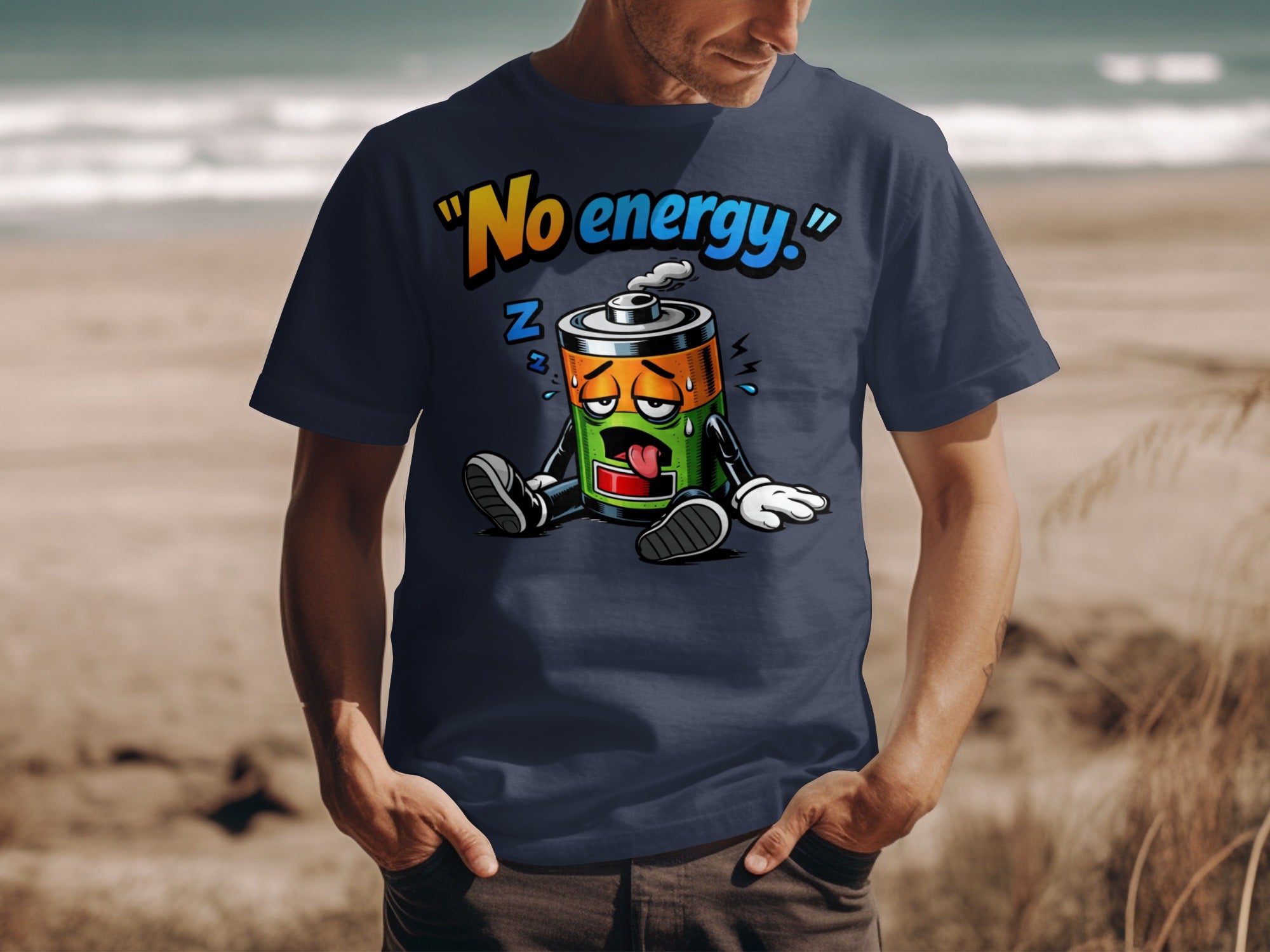 Dark blue t-shirt with "No energy" text and cartoon battery character with slumped posture.