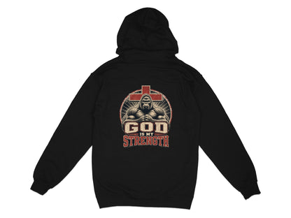 Black hoodie with a graphic of a gorilla, cross, and text "GOD IS MY STRENGTH".