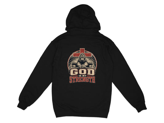 Black hoodie with a graphic of a gorilla, cross, and text "GOD IS MY STRENGTH".