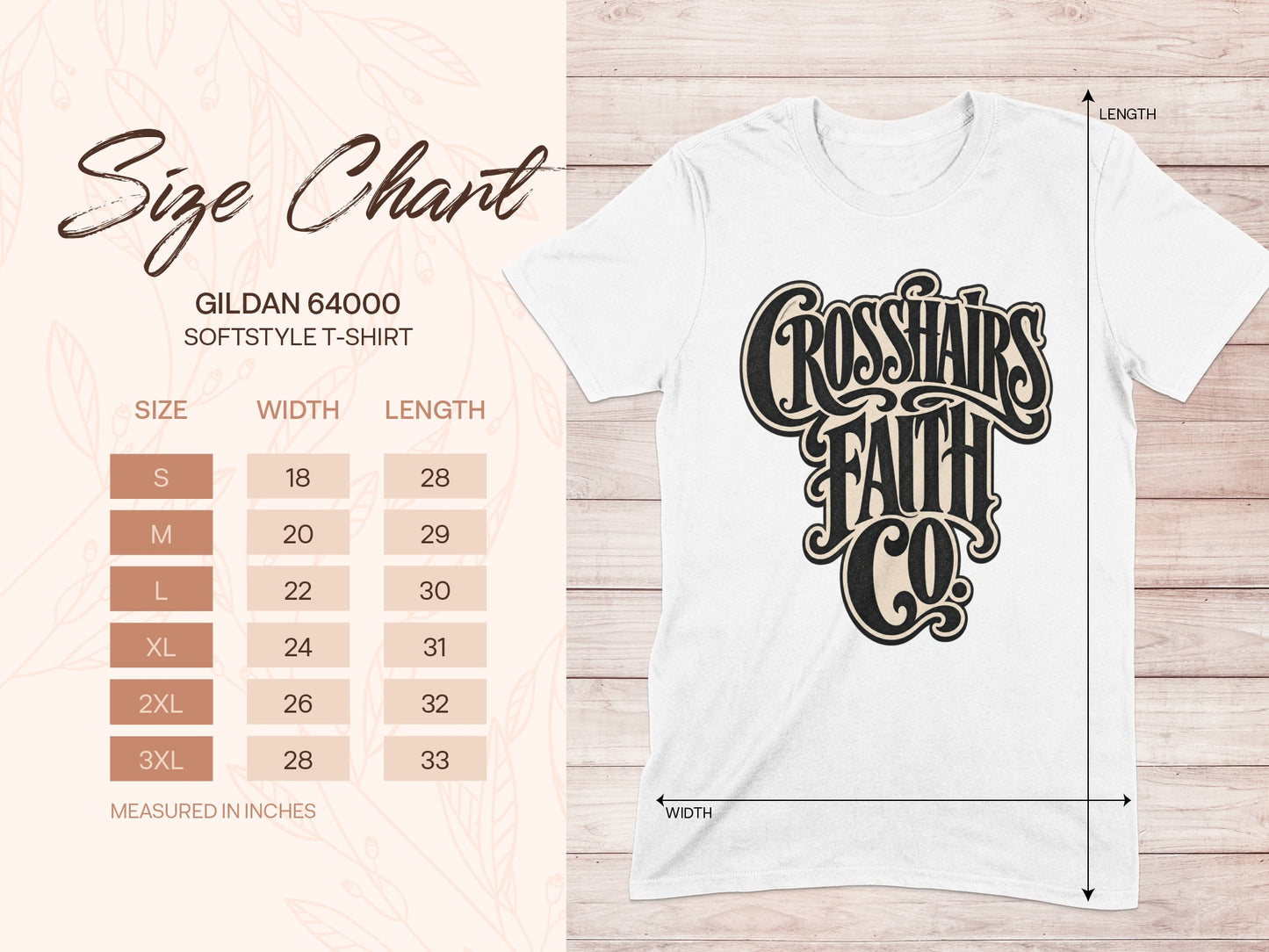 Gildan 64000 softstyle t-shirt size chart with measurements for width and length.