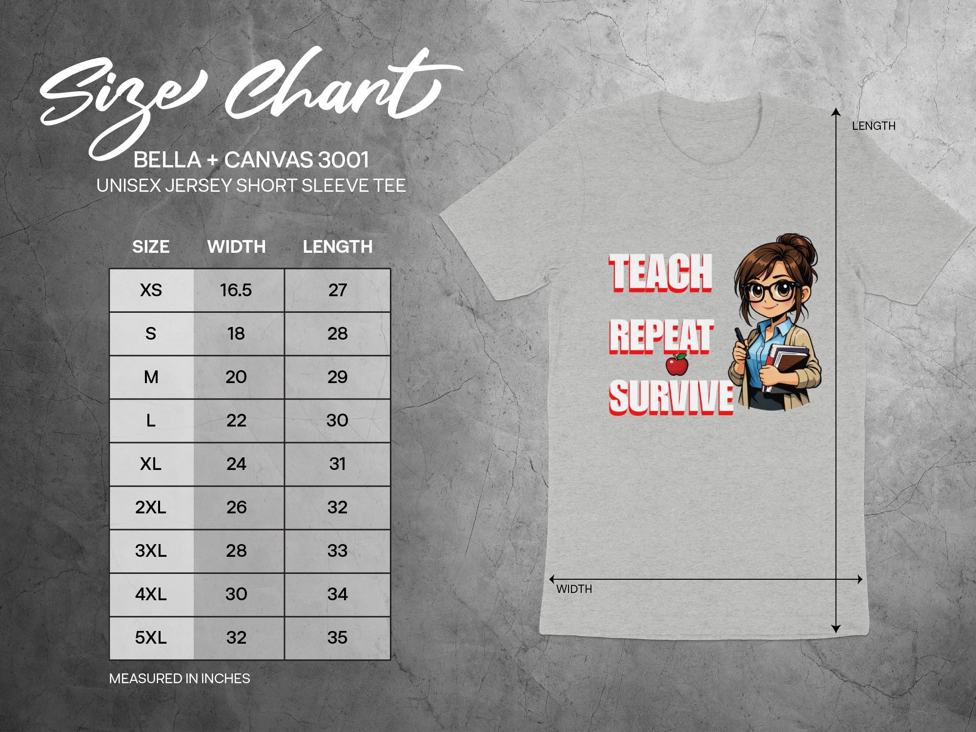 Light grey Bella + Canvas 3001 unisex short sleeve tee with "Teach Repeat Survive" graphic.