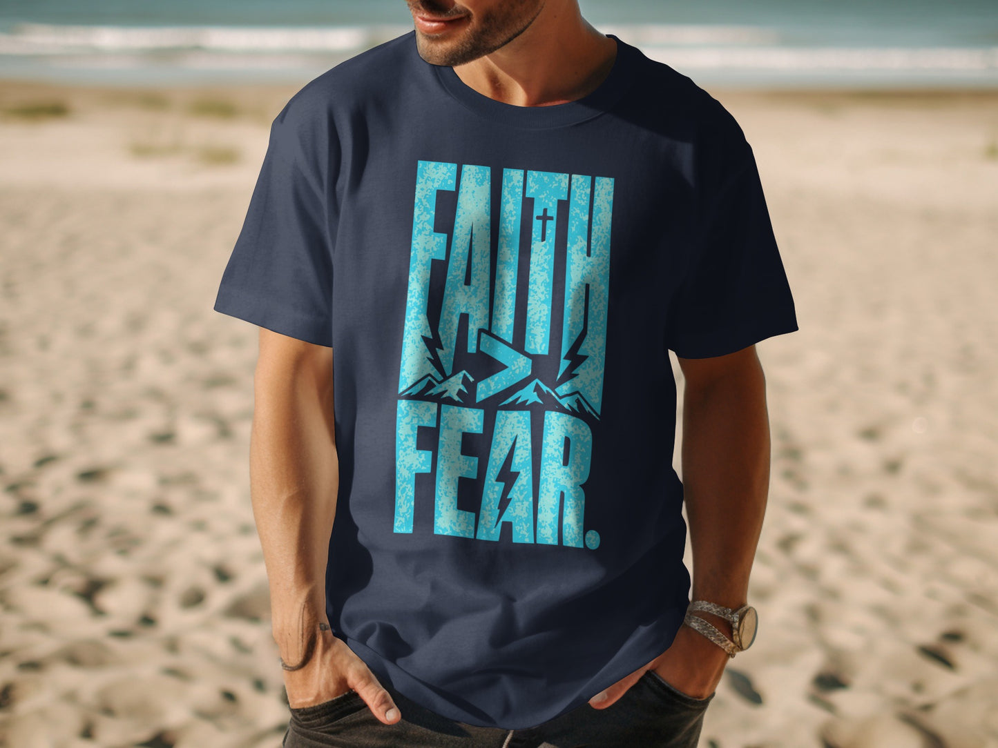 Navy t-shirt with blue text "FAITH > FEAR" and mountain graphic.