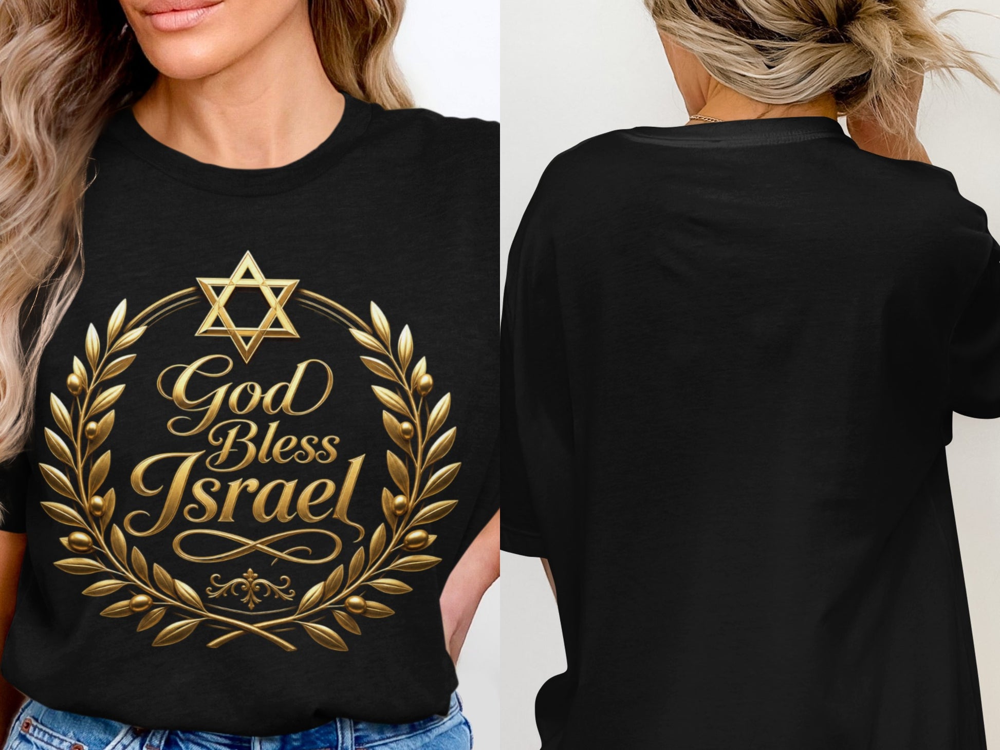 Black t-shirt with golden Star of David and "God Bless Israel" text on laurel wreath.