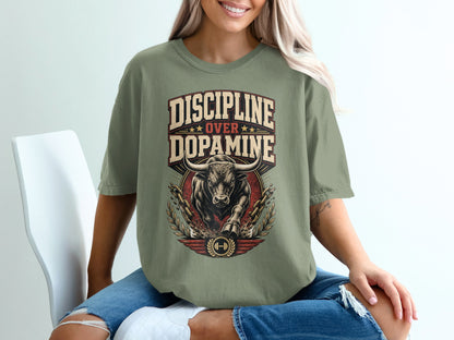 Olive green t-shirt with "Discipline Over Dopamine" text and charging bull graphic.