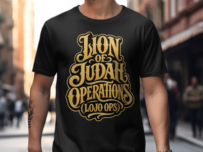 Black t-shirt with gold text "Lion of Judah Operations (LOJO OPS)".