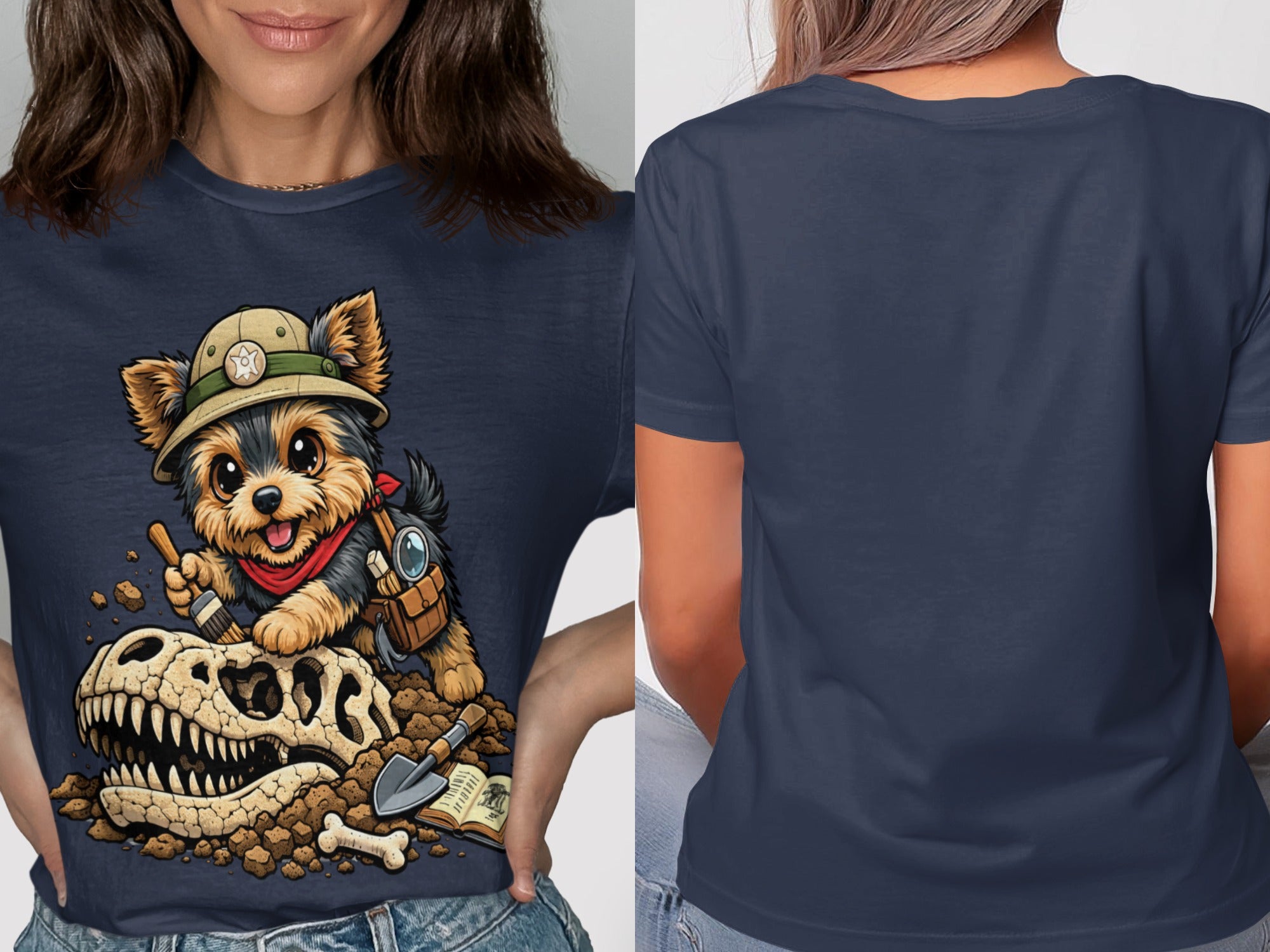 Yorkshire terrier in pith helmet brushes dinosaur skull on navy t-shirt.