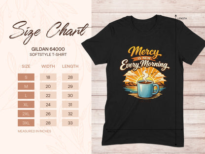 Gildan 64000 Softstyle t-shirt size chart for S-3XL in inches.
