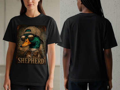 Black t-shirt with a duck wearing a cap and sunglasses, text "SHEPHERD".