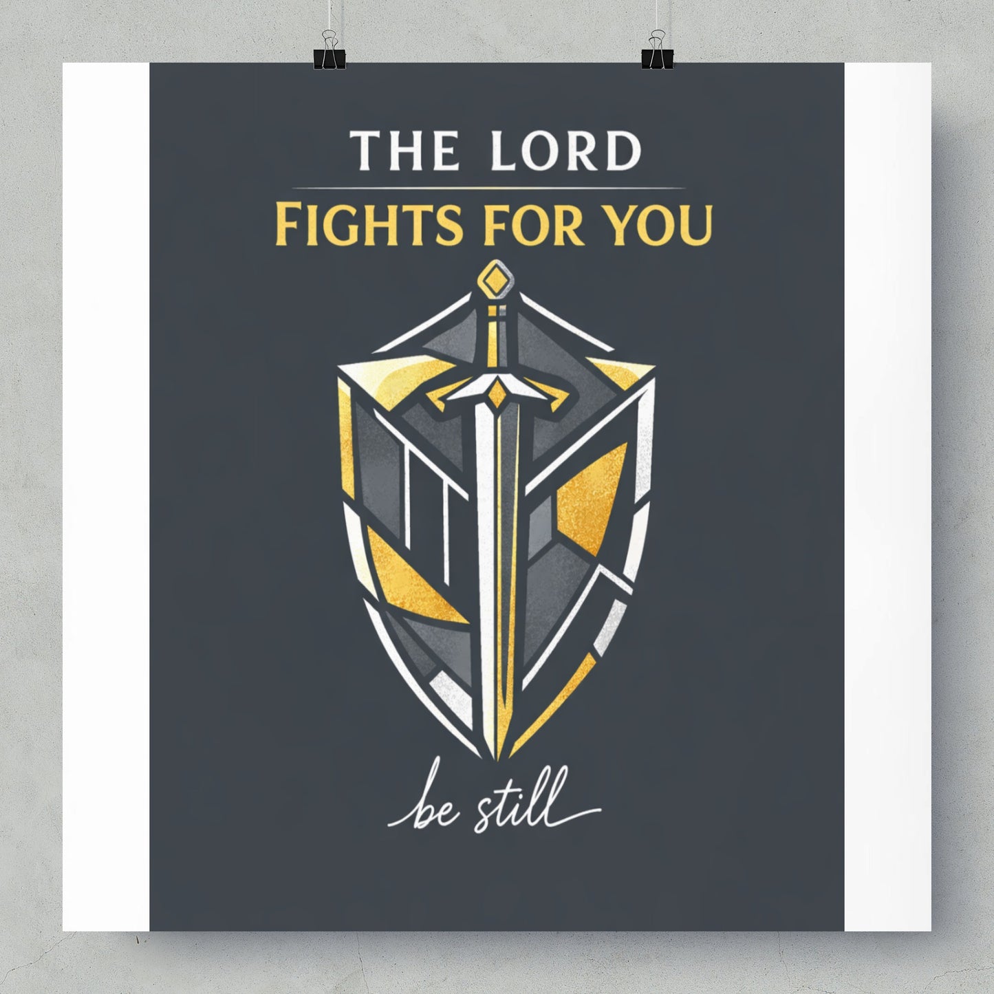 The Lord fights for you, be still, with shield and sword design.
