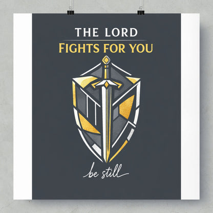 The Lord fights for you, be still, with shield and sword design.