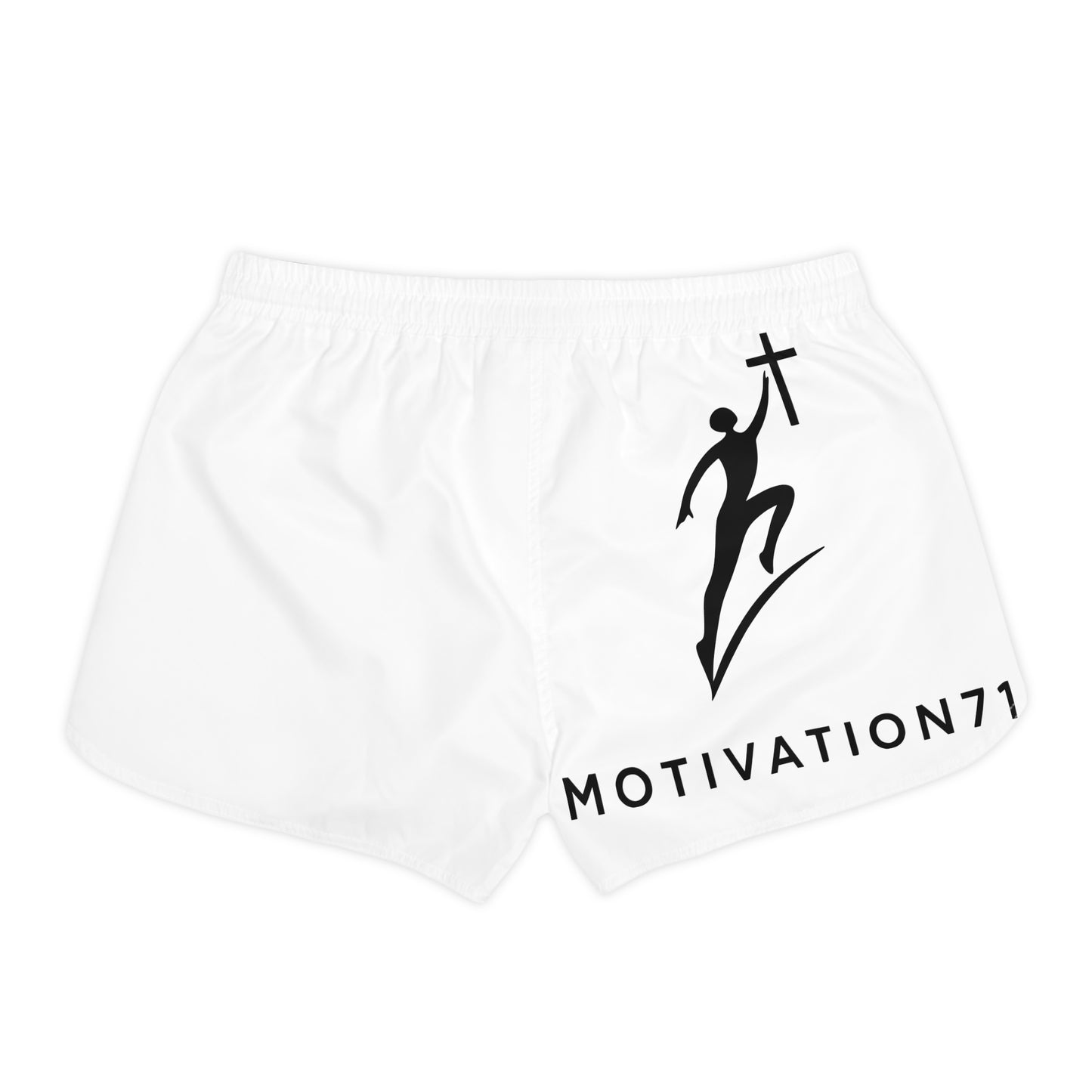 White shorts with black graphic of a person reaching for a cross and text.