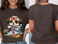Shih Tzu dog wearing a headband making sushi with a tuna and sushi rolls.